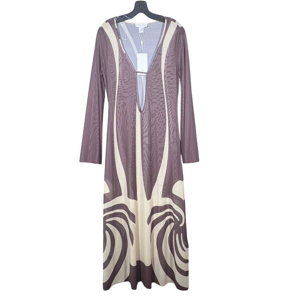 Caroline Constas Abstract Sheer Mesh V-Neck Maxi Brown Swim Coverup Dress Small